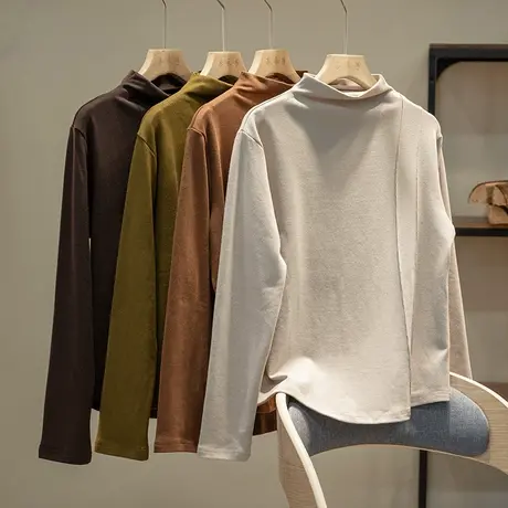 享永子高领长袖T恤女文艺复古宽松显瘦内搭打底衫休闲2023新款秋商品大图