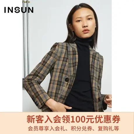 恩裳冬季商场同款复古英伦气质格纹修身保暖收腰西装外套图片