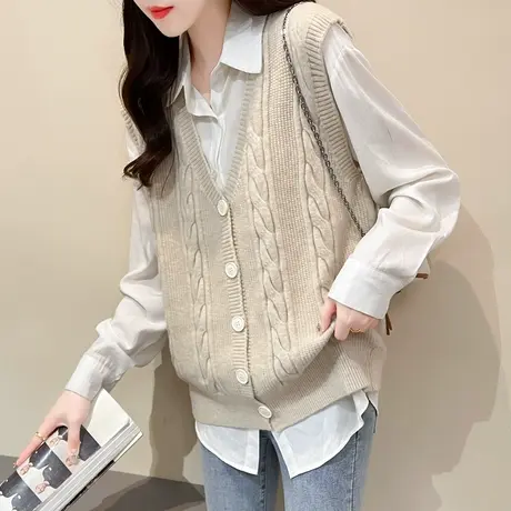 v领麻花针织开衫马甲女早秋新款外搭设计感无袖背心坎肩毛衣百搭图片
