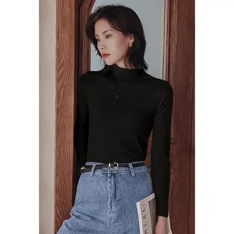 弥古黑色半高领打底t恤女长袖薄款肌底衣秋季内搭上衣高级感秋装图片