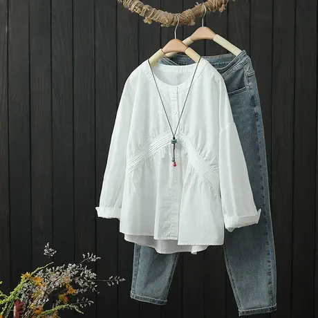 文艺范纯色全棉长袖衬衫女设计感小众娃娃衫宽松拼接圆领衬衣春秋商品大图