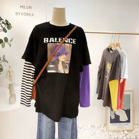 韩国东大门ins潮头像条纹拼色假两件套装T恤秋冬磨毛长袖欧货大码图片