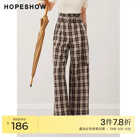红袖outlets格纹系带休闲裤hopeshow2023秋季新款女装高腰直筒裤商品大图