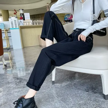 黑色牛仔裤女直筒宽松2023年秋冬新款高腰加绒九分哈伦萝卜老爹裤商品大图