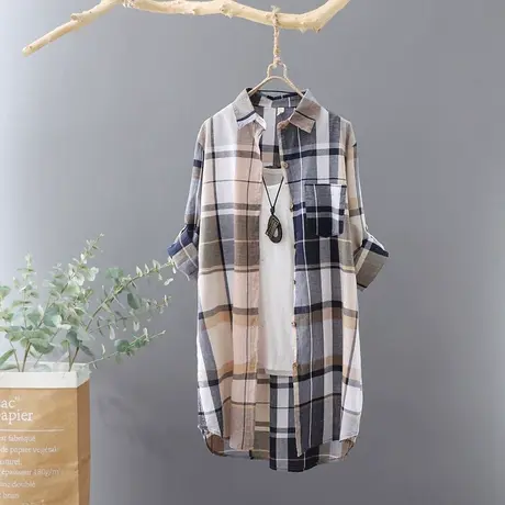 韩范中长款纯棉外套2023年春季新款格子衬衫女衬衣宽松长袖开衫图片