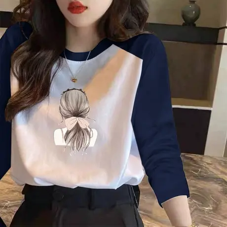 潮牌复古印花宽松插肩长袖t恤女2023韩版新款拼色显瘦小众上衣ins商品大图