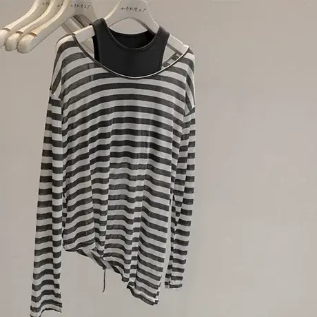 薄透气~2023新款天丝条纹防晒衣长袖T恤衫+吊带背心两件套女图片