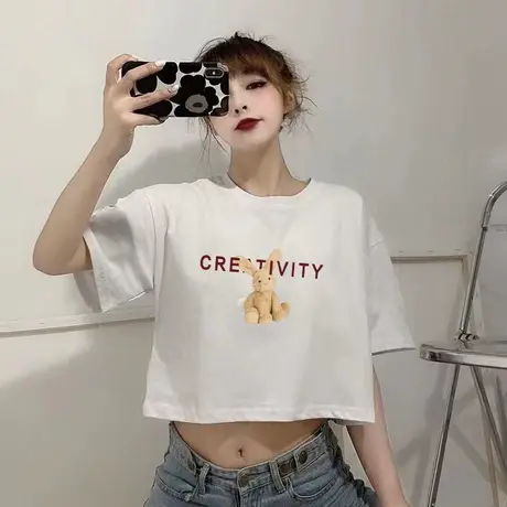 白色正肩短袖t恤女士显瘦2023新款夏季春秋仿棉宽松体恤短款上衣图片