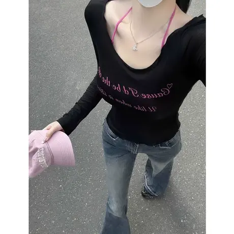 辣妹风纯欲长袖t恤女秋季小众设计感修身内搭打底衫露肩短款上衣图片