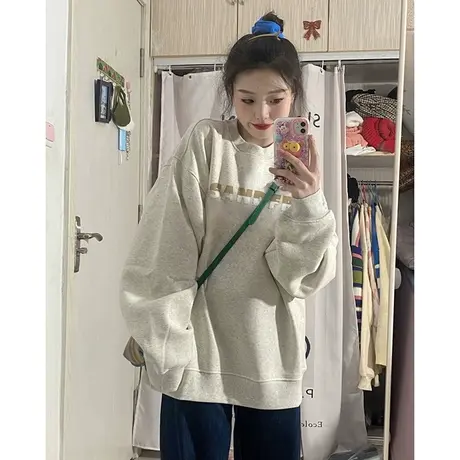 圆领卫衣女春秋薄款宽松oversize潮牌小众设计感美式复古无帽上衣商品大图