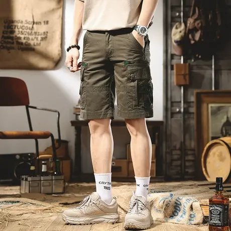 夏季薄款水洗棉美式复古男士工装大口袋迷彩五分裤短裤潮宽松百搭商品大图