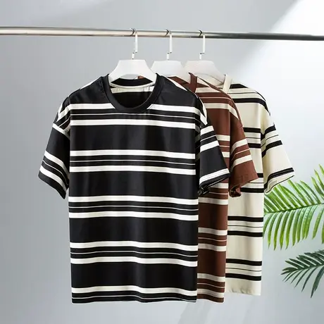 条纹短袖T恤男款2023夏季潮牌潮流宽条纹设计圆领半袖休闲体恤衫商品大图
