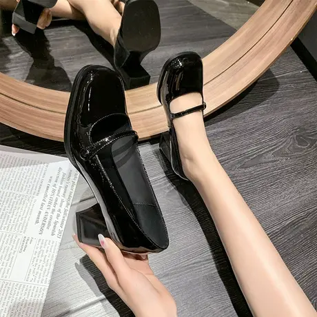 永希女鞋百搭2023年新款春季单鞋女复古高跟鞋女粗跟方头玛丽珍鞋商品大图