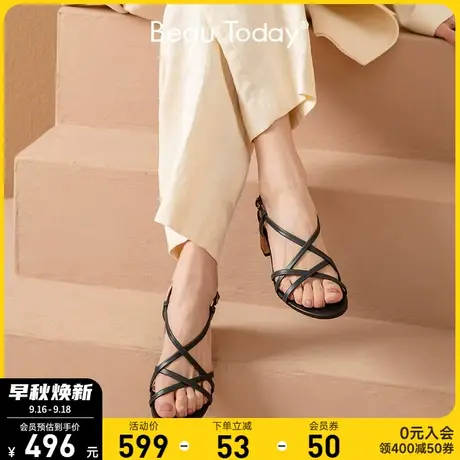 BeauToday高跟罗马凉鞋女粗跟复古绑带法式真皮时装凉鞋仙女风商品大图