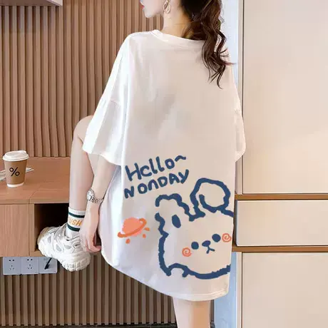 短袖T恤女潮ins夏季女装新款大码胖MM中长款宽松半袖上衣服200斤商品大图