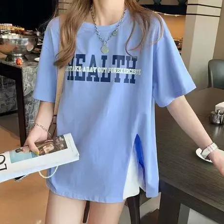 胖mm大码短袖t恤女夏装韩版宽松中长款不规则开叉半袖上衣潮200斤商品大图