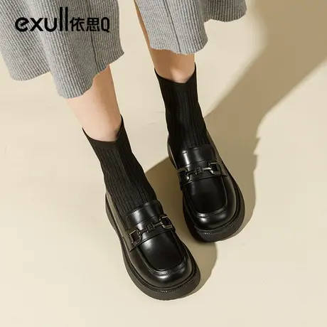 依思q袜子鞋女秋冬靴子女2023新款乐福鞋短靴女鞋子弹力瘦瘦靴子商品大图