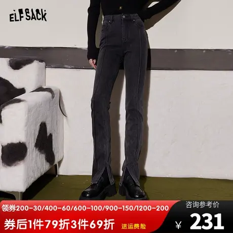 妖精的口袋高腰直筒牛仔裤女2023冬季新款复古修身显瘦开叉裤子潮商品大图