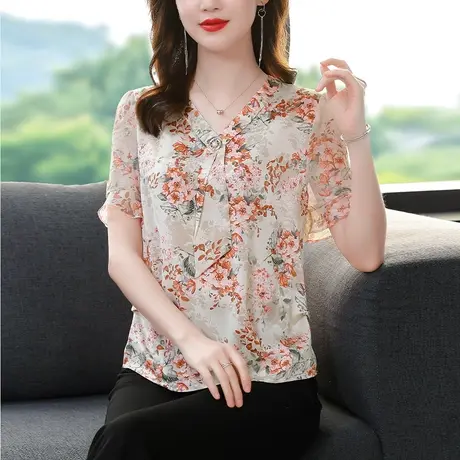 2023新款印花短袖时尚真丝小衫女士碎花雪纺衫宽松显瘦减龄女上衣图片
