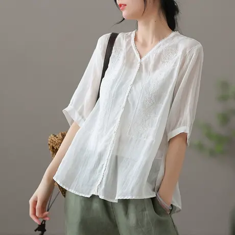 dza 复古薄款短袖苎麻上衣女士五分袖衬衣夏宽松气质白色棉麻衬衫图片