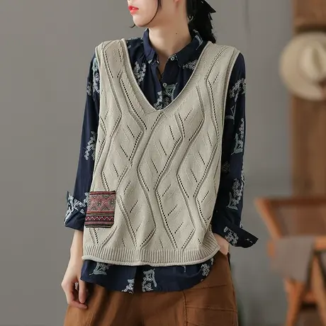 dza宽松V领内搭针织马甲女士秋季新款显瘦口袋短上衣休闲毛衣马夹商品大图