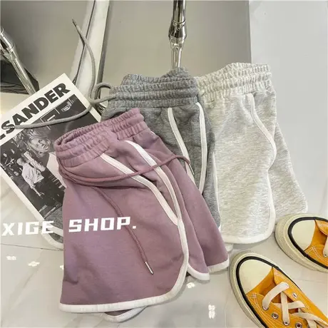 夏季百搭撞色运动短裤子女薄款显瘦高腰抽绳白边直筒休闲热裤外穿图片