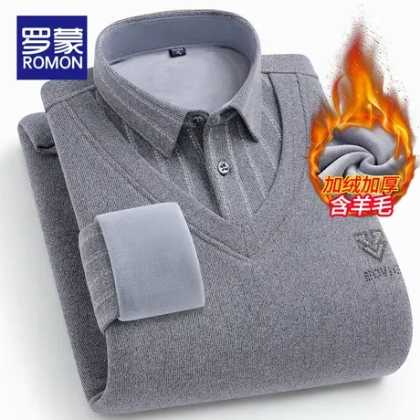 【含羊毛】罗蒙男士加绒针织衫2023秋冬加厚假两件衬衫领毛衣男款商品大图