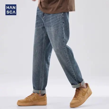 hansca宽松直筒牛仔裤男夏季薄款潮牌美式蓝色时尚阔腿夏天裤子男图片