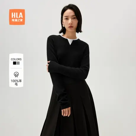 【纯羊毛】HLA/海澜之家针织衫秋新款休闲假两件套头黑色毛衣女装商品大图
