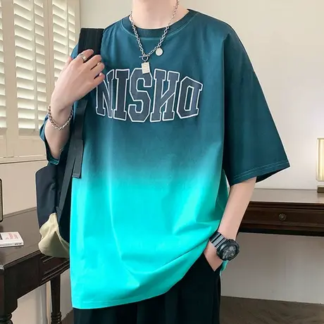 渐变短袖t恤男夏季薄款宽松圆领体恤男青少年潮牌印花半袖上衣服T商品大图