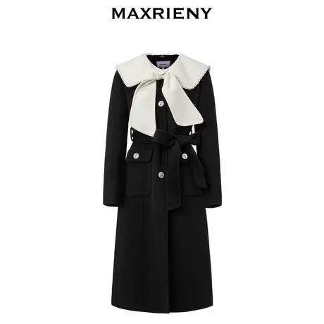 【奥莱】MAXRIENY复古撞色蝴蝶结领大衣长款气质感大衣外套图片