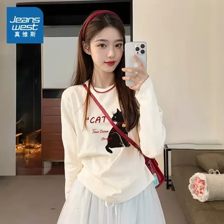 KMV真维斯纯棉长袖女2025春季新款百搭学院风甜美宽松显瘦T恤上衣商品大图