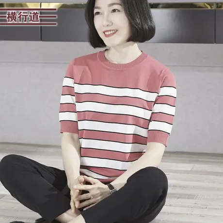 2023新款夏装圆领条纹宽松针织短袖女装简约休闲大码妈妈夏季上衣商品大图
