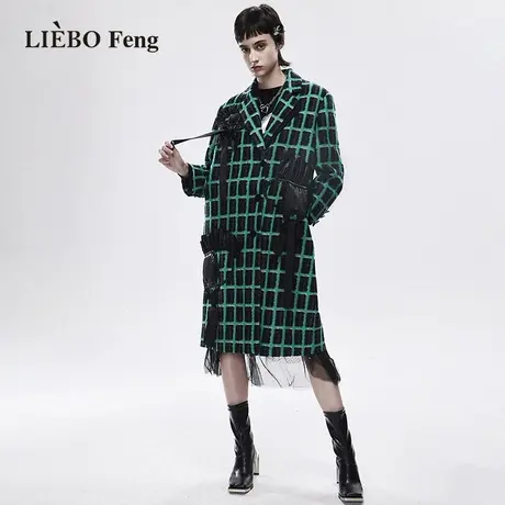 裂帛LIEBOFeng原创设计chic复古棋盘格绿色中长款毛呢外套大衣女图片