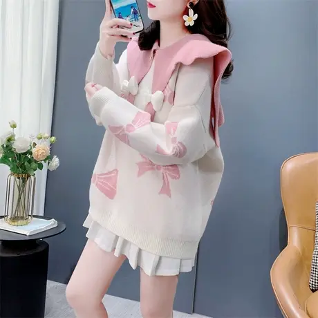 甜美立体蝴蝶结娃娃领套头毛衣女外穿秋冬季新款洋气减龄可爱上衣商品大图