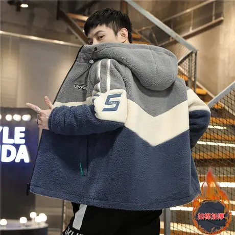 颗粒绒夹克男士秋冬季加绒外套潮牌拼色帅气青少年羊羔毛加厚套装商品大图