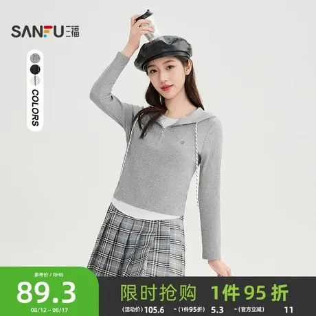 三福T恤2025秋季抽绳连帽假两件长袖宽松上衣女装509315商品大图