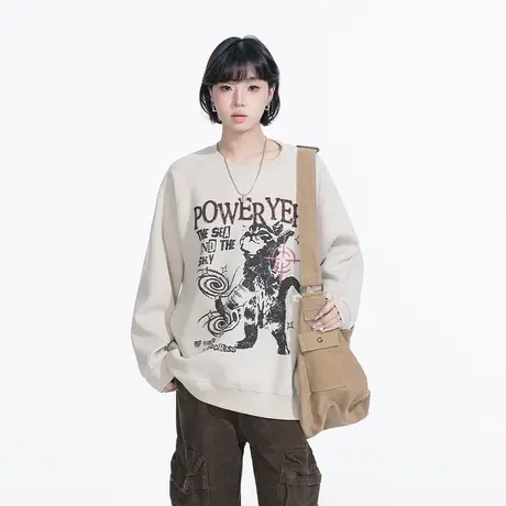 YEP设计感印花圆领卫衣女春季2025年新款插肩袖复古套头无帽上衣商品大图
