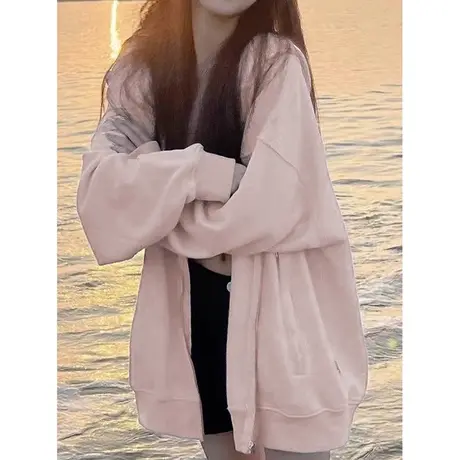 薄款卫衣女2023秋季新款宽松显瘦百搭连帽开衫拉链上衣外套慵懒风商品大图