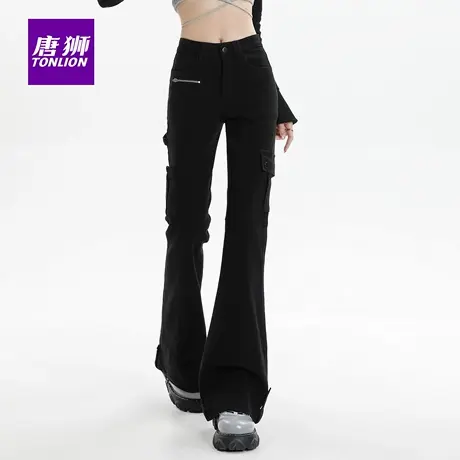 唐狮美式微喇叭口袋牛仔裤女秋2025新款春秋高腰显瘦休闲马蹄裤AX商品大图