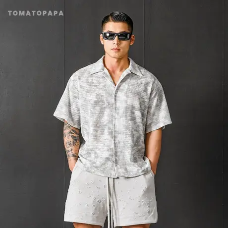 TOMATOPAPA夏季2025新高级感扎染翻领短袖衬衫男士潮流宽松花衬衣商品大图