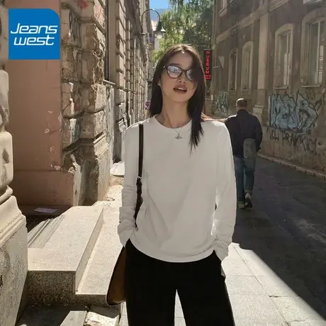KV真维斯长袖t恤女2025新款纯棉宽松透气春秋百搭高级感正肩上衣商品大图