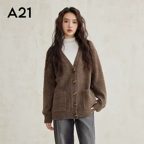 A21女装宽松V领落肩开襟毛织外套针织开衫时尚慵懒长袖开衫外套商品大图