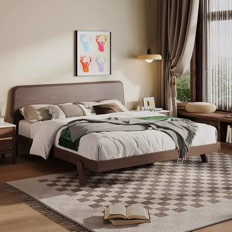 顾家家居实木白蜡木胡桃色全实木简约新款一米八双人主卧舒适大床商品大图