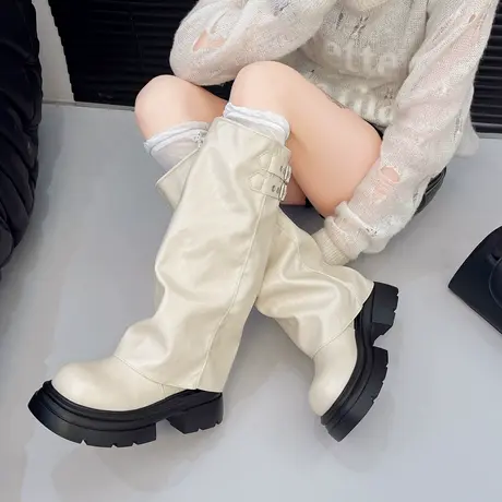 靴子女春秋短靴厚底裤管靴厚底复古马丁靴美拉德堆堆靴西部牛仔靴商品大图