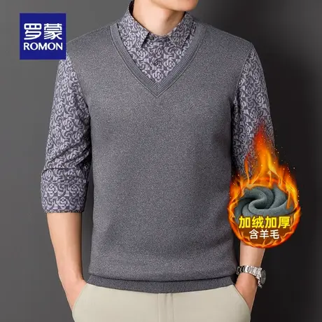 【含羊毛+桑蚕丝】罗蒙男士假两件针织衫2025冬季新款加绒毛线衣商品大图