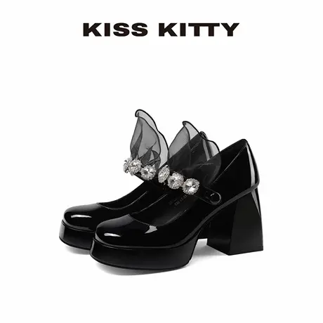 【呼呼专享】KISSKITTY法式水钻玛丽珍厚底增高小个子高跟鞋黑色商品大图