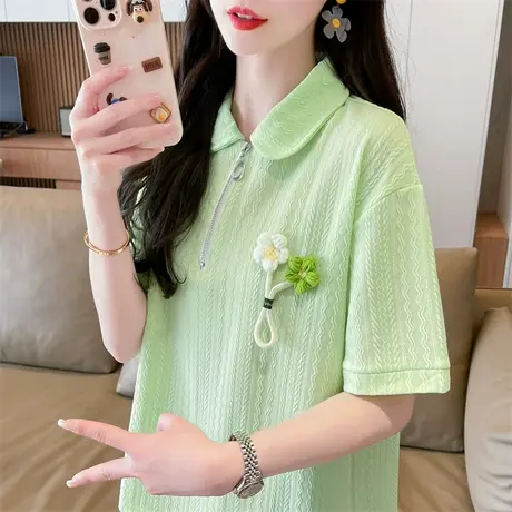 polo领半拉链短袖t恤女夏季韩版宽松大码女装胖mm百搭学生上衣服商品大图