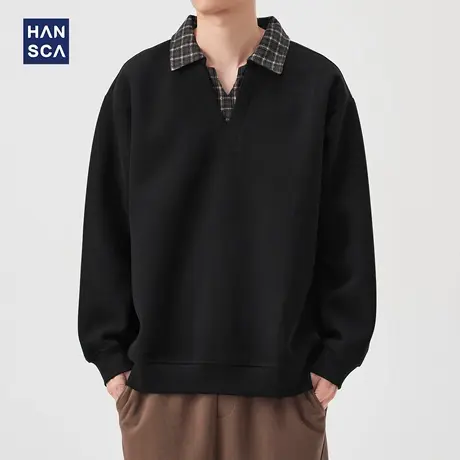 hansca420g重磅假两件格纹衬衫领卫衣男2025秋季撞色宽松休闲上衣图片