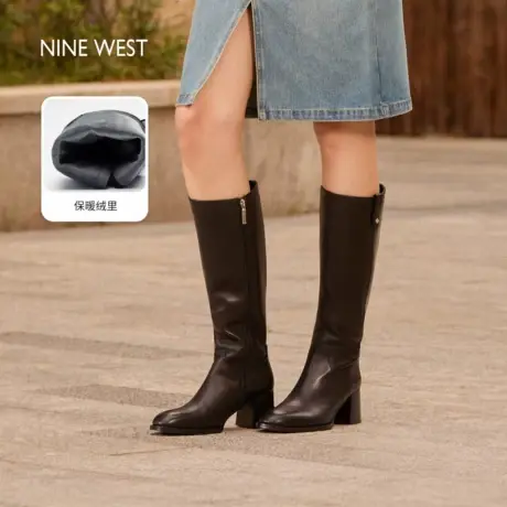 Nine West/玖熙粗跟长筒靴女2025秋冬高跟真皮骑士靴黑色加绒长靴图片